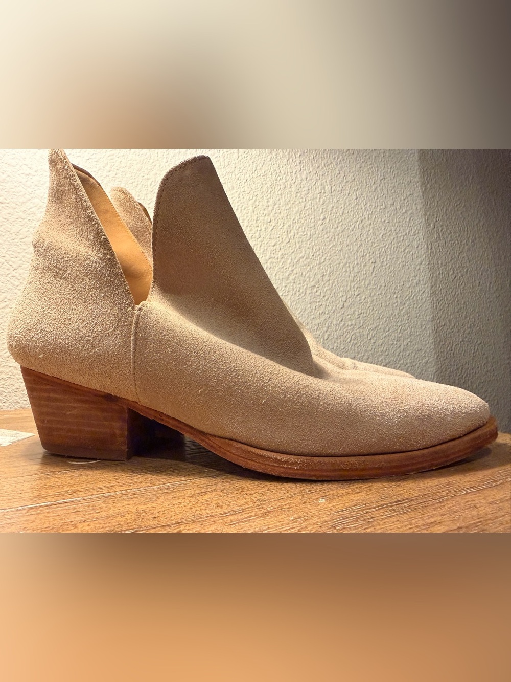 Free People Beige Suede Slip-On Mules with Low Stacked Heel